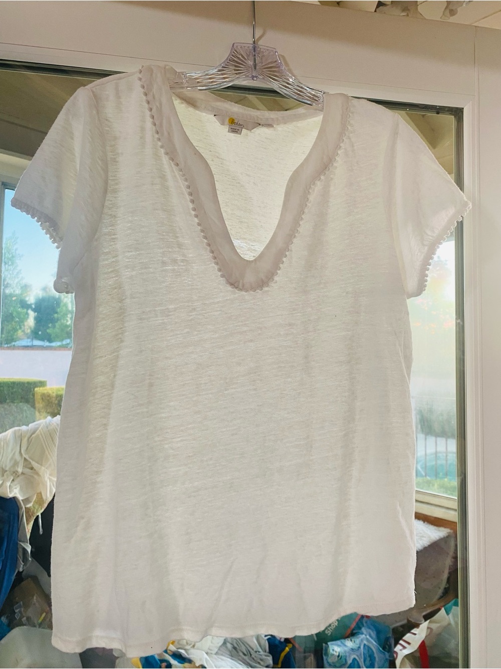 Boden White 100% Linen V-Neck Pom Trim Top Size L